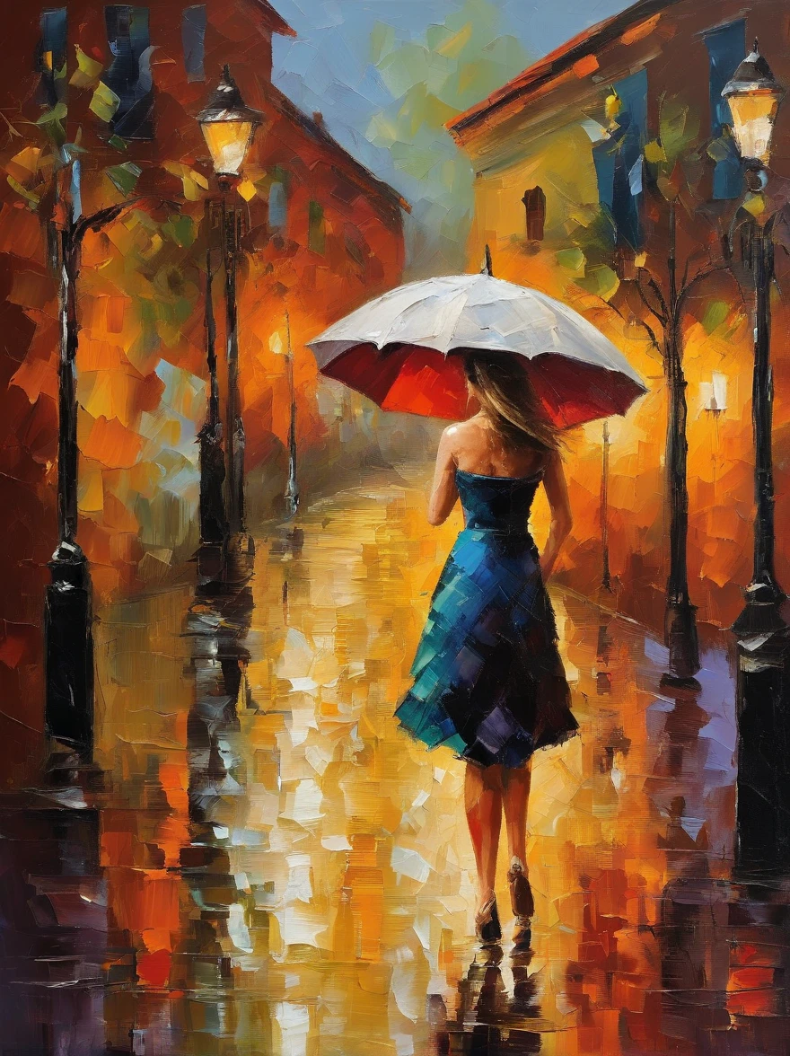 tmasterpiece, topquality, fine details, evening, Sateen, lanterns, street, The city, stroll, A girl, umbrella, palette knife, UHD