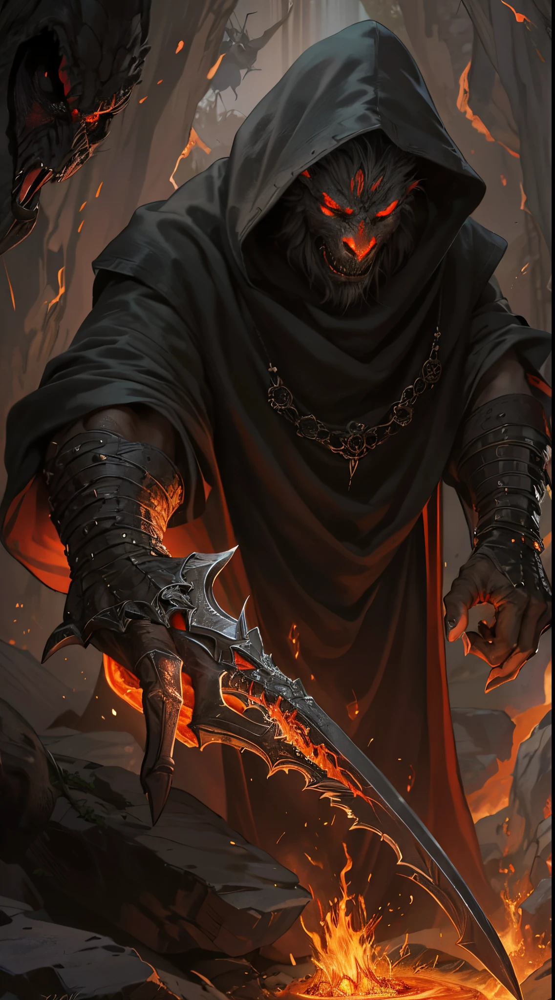 ultra detallado, beautiful and aesthetic, Beautiful, obra maestra , misterio , atmospheric , genial , sobrenatural , La mejor calidad , cueva , 1 hombre , 1 demonic monster , monstruo muy grande , Hombre matando monstruo , The man has a long black hooded robe , He can use magic , El monstruo tiene un cuerno muy grande , Monstruo respira hacer fuego , El hombre tiene una gran espada brillante , fantasy sword , 4 Little monster around the big monster , Magma alrededor del campo de batalla , The battlefield is in Cavern , Toda la cuevaa en llamas , La espada del hombre brilla , Acantilado de mayo y roca en Caverna , Caverna en llamas , (Caverna ultra detallada) , (Magma ultra detallado) , (Cara de hombre ultra detallada) , (Espada ultra detallada) , (Monstruo ultra detallado)