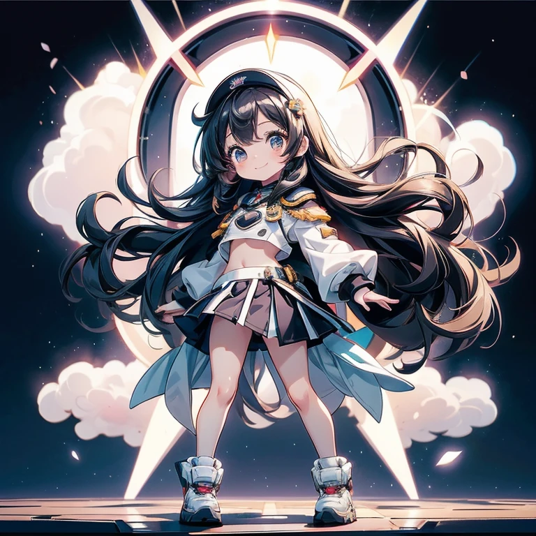 best quality, girl, (li), kawaii, long hair, shy, (small breasts), Superskirt, Black panties are exposed, light smile, full body, full body, Slim legs, A black bra is hidden under the white uniform