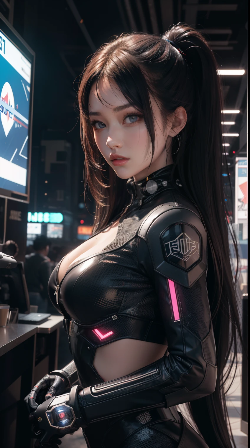 Girl with perfect facial expression,Cyberpunk style girls,Perfect hair and skin texture,tmasterpiece, Best quality, A high resolution,sci-fy,Wallpaper phone,epcot,cyber punk style,futuristic machinery,The end of the world,wastelands,extreme light,laser,Equipment,big vista,large scene,simple picture,Empty scene,Perfect light,perfect lightingeffects