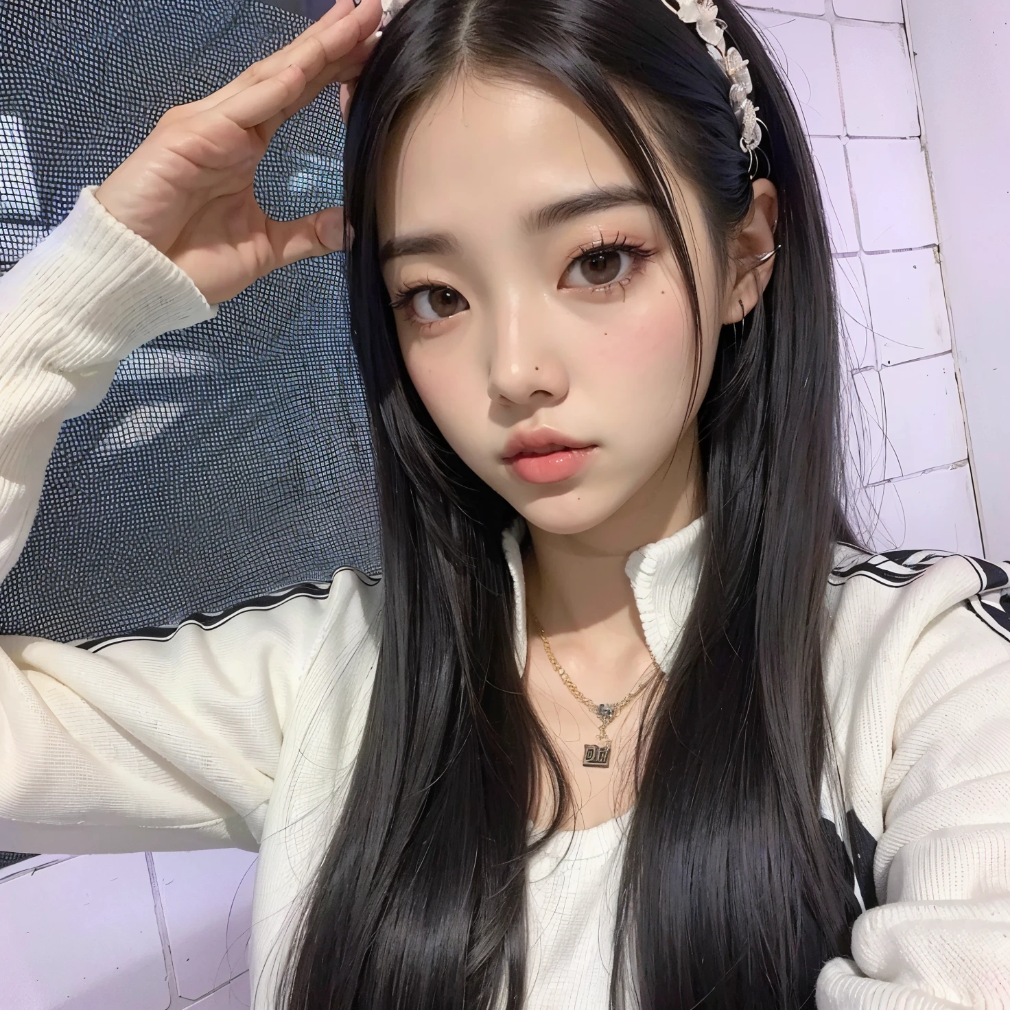 A closeup of a woman with long black hair wearing a white sweater, Ulzzang, wan adorable korean face, Ela tem cabelo preto com franja, Retrato de Jossi de Blackpink, Jinyoung Canela, com cabelos longos, jossi do blackpink, Sha Xi, Asian girl with long hair, branco hime corte penteado, coreana, Xision Wu, Jisoo do Blackpink