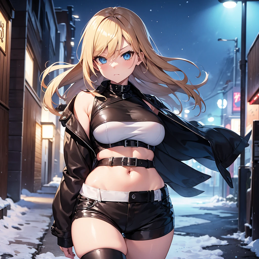 Realistic and detailed image of a girl with cat ears. Dressed in a short hooded coat, top and minishorts with garters. Unusually shiny long silky blonde hair. blue eyes. Has earrings and long eyelashes. She has full lips and vampire teeth. large breasts, slim waist, very wide hips and thick thighs. profile. arched back. She stands in a corner. snowy night. dark atmosphere. All Saints' Eve. Starry night.