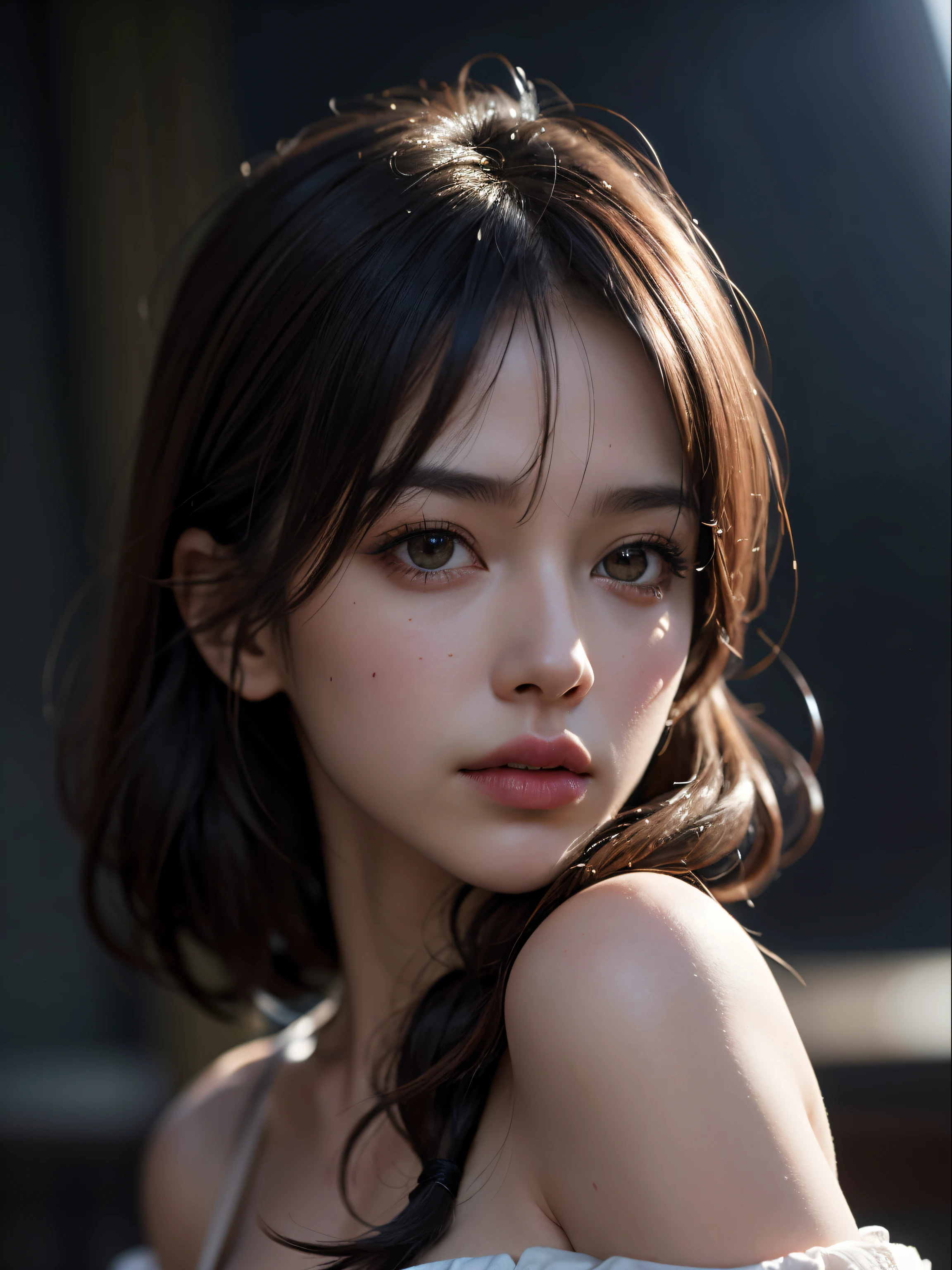 (masutepiece, Best Quality, Photorealistic, hight resolution, Photography, :1.3), Very close-up shot, Sharp Focus, 1 brunette girl, European Girl, hotmodel, Midriff, Highly detailed eyes and pupils, Realistic skin, Slim body shape, cleavage, very detail hair, Delicate sexy face, Organoleptic gas, shiny lips, ((For fashionable clothes)), ,The background is a town, ((Realistic, Super realistic, Realism, realistic detail))