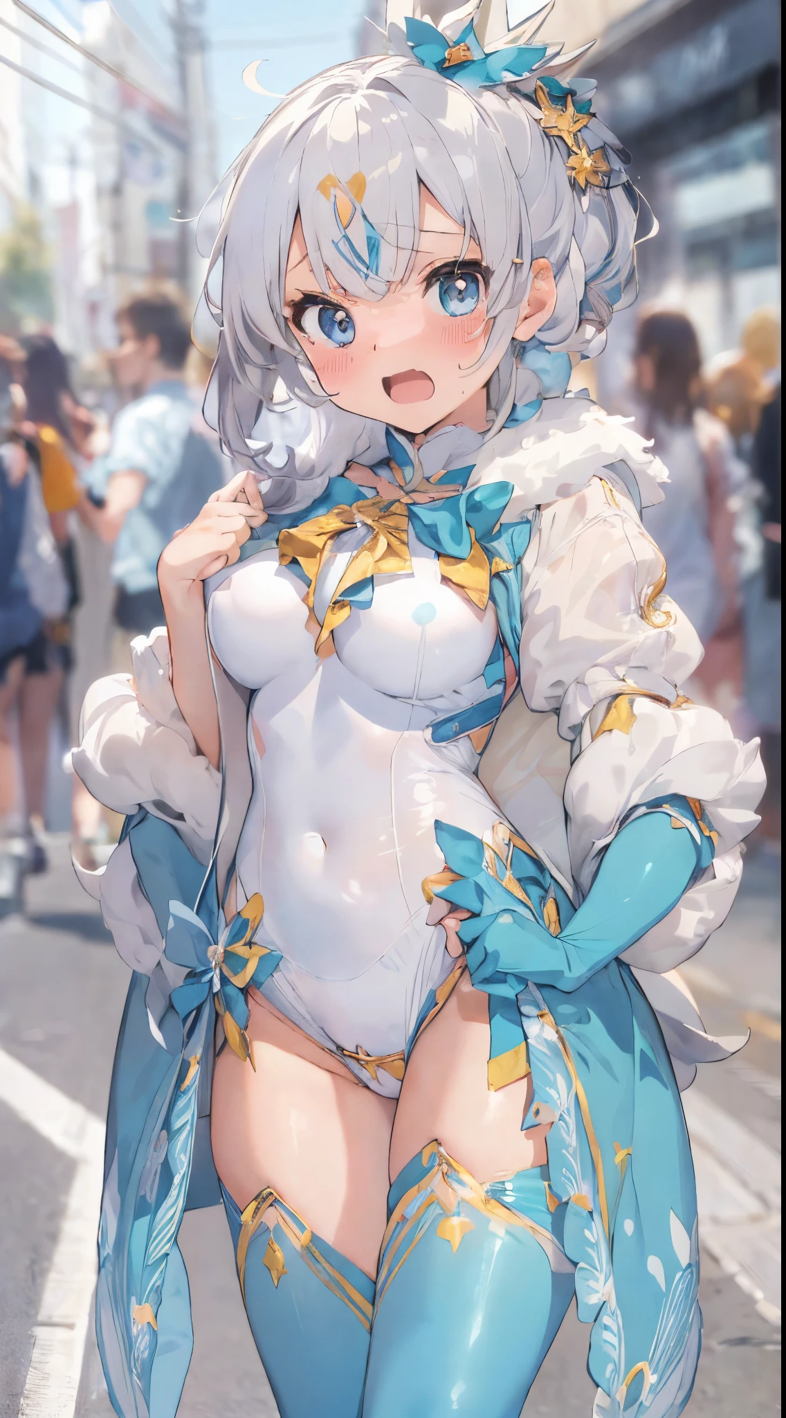 1womanl,Golden head hair,ar old Impatient expression)),Beautiful breasts,(((Sexy magical girl white and blue high-leg bodysuit)))(())(((Blushing cheeks、Surprised look)),((())),((( portlate))),Blue eyes,(((Bangs are aligned)))()Street,Crowds(magical girl hair ornament)