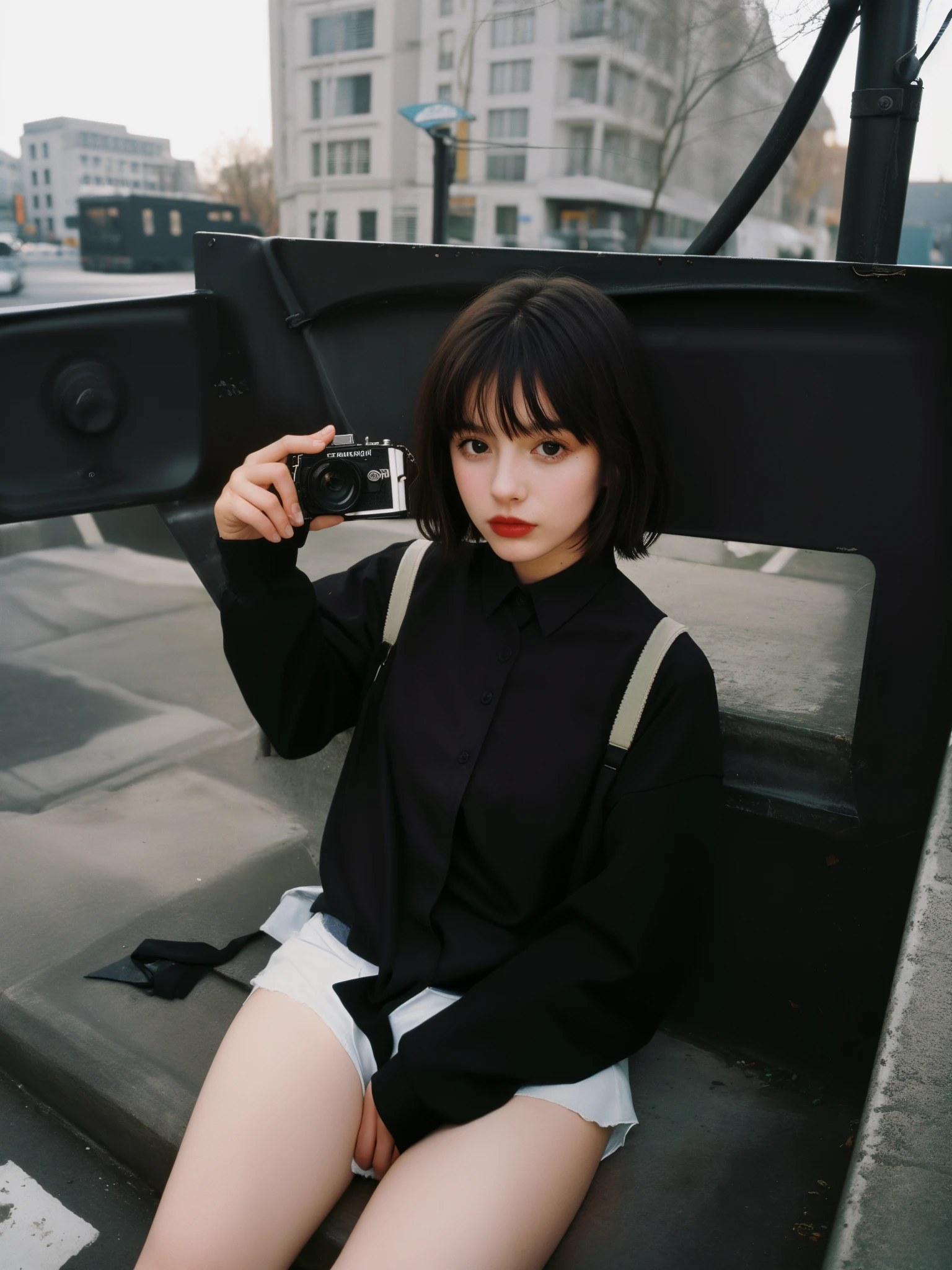 correct hand,tmasterpiece, RAW photogr, Film photos, Flash photos from the 90s, 1, beuaty girl, sin front of camera,Short hair details, black shirt,