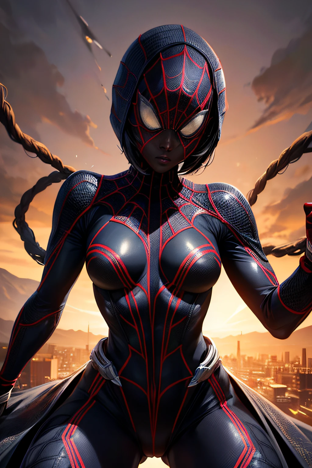 african girl, black skin, comic accurate Miles Morales Spider Man costume, black spandex, combat stance, highly detailed, vibrant appearance, creative behavior, extremly detailed, imaginative, sensual, spontaneous, small breasts, sexi, revealing, highest quality, skin texture, intricate details, (cinematic lighting), RAW photo, 8k, masterpiece,best quality,ultra-detailed,very detailed illustrations,extremely detailed,intricate details,highres,super complex details,extremely detailed 8k cg wallpaper,