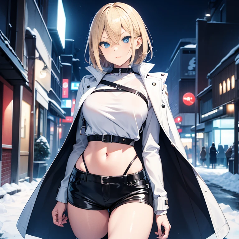 2D Anime Style、Blue eyes、breasts are slightly larger、short blond hair,A cool adult woman walking on a snowy night road with a serious expression..,Solo, Fashion that shows off your stomach,Leather shorts,long sleeve long coat