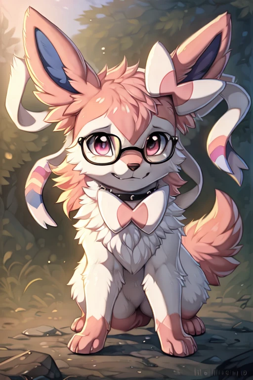 [by Hioshiru],furry, Feral, Pokemon, Long fluffy hair, Sylveon with white and pink fur, glasses, Pink eyes, Shy, canine paws, paws for hands, short height, shortstack, crawling, heavy,spiked black collar, walkies, perk