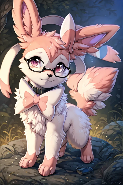 [by Hioshiru],furry, Feral, Pokemon, Long fluffy hair, Sylveon with white and pink fur, glasses, Pink eyes, Shy, canine paws, paws for hands, short height, shortstack, crawling, heavy,spiked black collar, walkies, perk