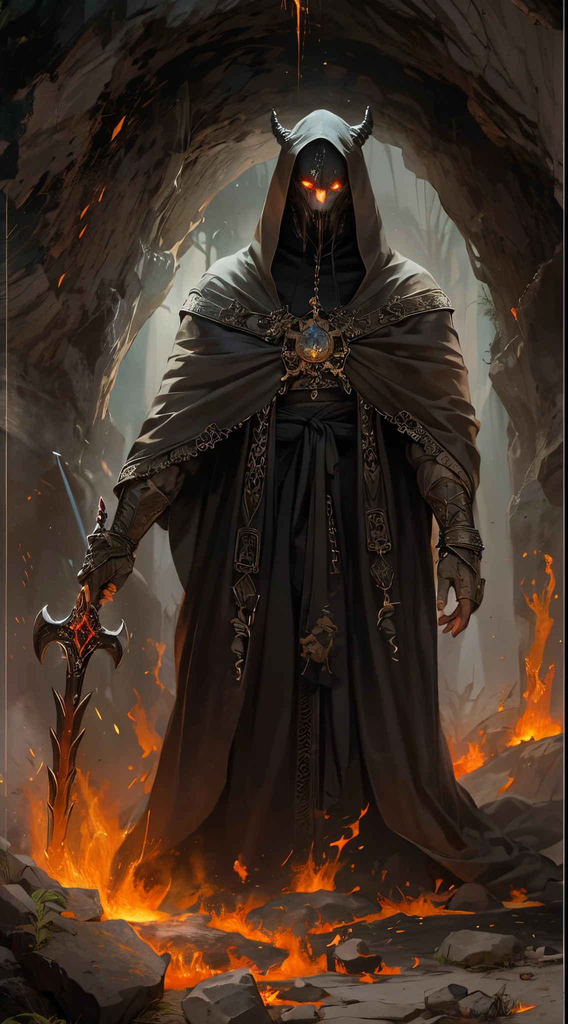 ultra detallado, beautiful and aesthetic, Beautiful, obra maestra , misterio , atmospheric , genial , sobrenatural , La mejor calidad , cueva , 1 hombre , 1 demonic monster , monstruo muy grande , Hombre matando monstruo , The man has a long black hooded robe , He can use magic , El monstruo tiene un cuerno muy grande , Monstruo respira hacer fuego , El hombre tiene una gran espada brillante , fantasy sword , 4 Little monster around the big monster , Magma alrededor del campo de batalla , The battlefield is in Cavern , Toda la cuevaa en llamas , La espada del hombre brilla , Acantilado de mayo y roca en Caverna , Caverna en llamas , (Caverna ultra detallada) , (Magma ultra detallado) , (Cara de hombre ultra detallada) , (Espada ultra detallada) , (Monstruo ultra detallado)