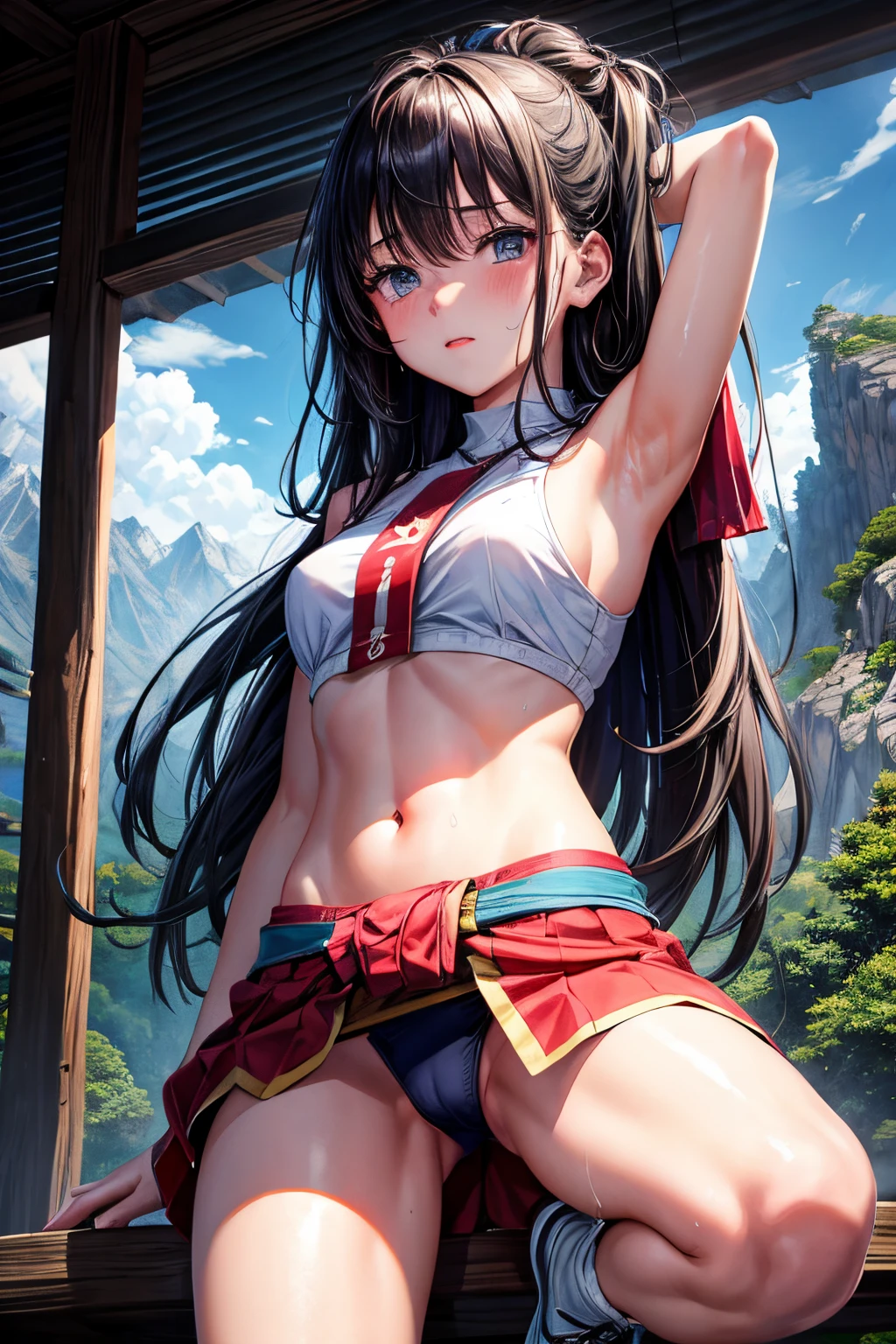 lighting like a movie、top-quality、1girl in、A dark-haired、in mountains、embarrassed from、full of sweat、Arms behind your head、Wear a loincloth、Eyes from below、open one's legs、