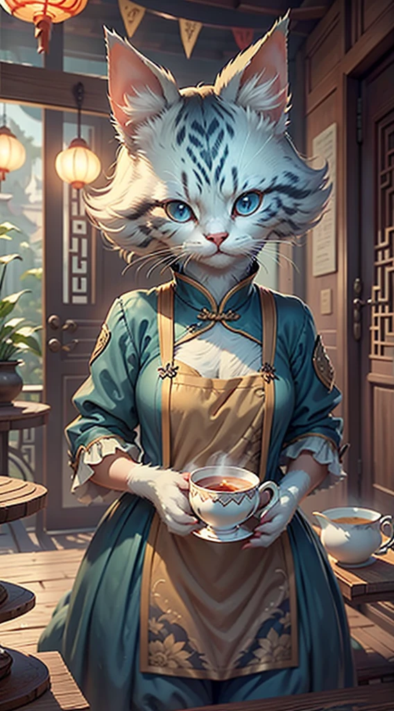 （woman in party dress）cartoon anthropomorphic toy ragdoll cat，holding a teacup，A Chinese tea table，Chinese courtyard background