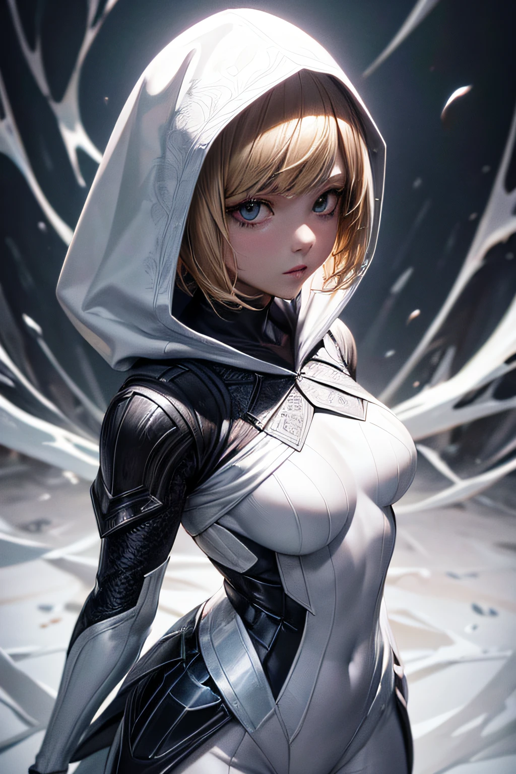 girl, short blond hair, comic accurate Gwen Stacey Ghost Spider costume, white and black costupe with hood, combat stance, highly detailed, vibrant appearance, creative behavior, extremly detailed, imaginative, sensual, spontaneous, small breasts, sexi, revealing, highest quality, skin texture, intricate details, (cinematic lighting), RAW photo, 8k, masterpiece,best quality,ultra-detailed,very detailed illustrations,extremely detailed,intricate details,highres,super complex details,extremely detailed 8k cg wallpaper,