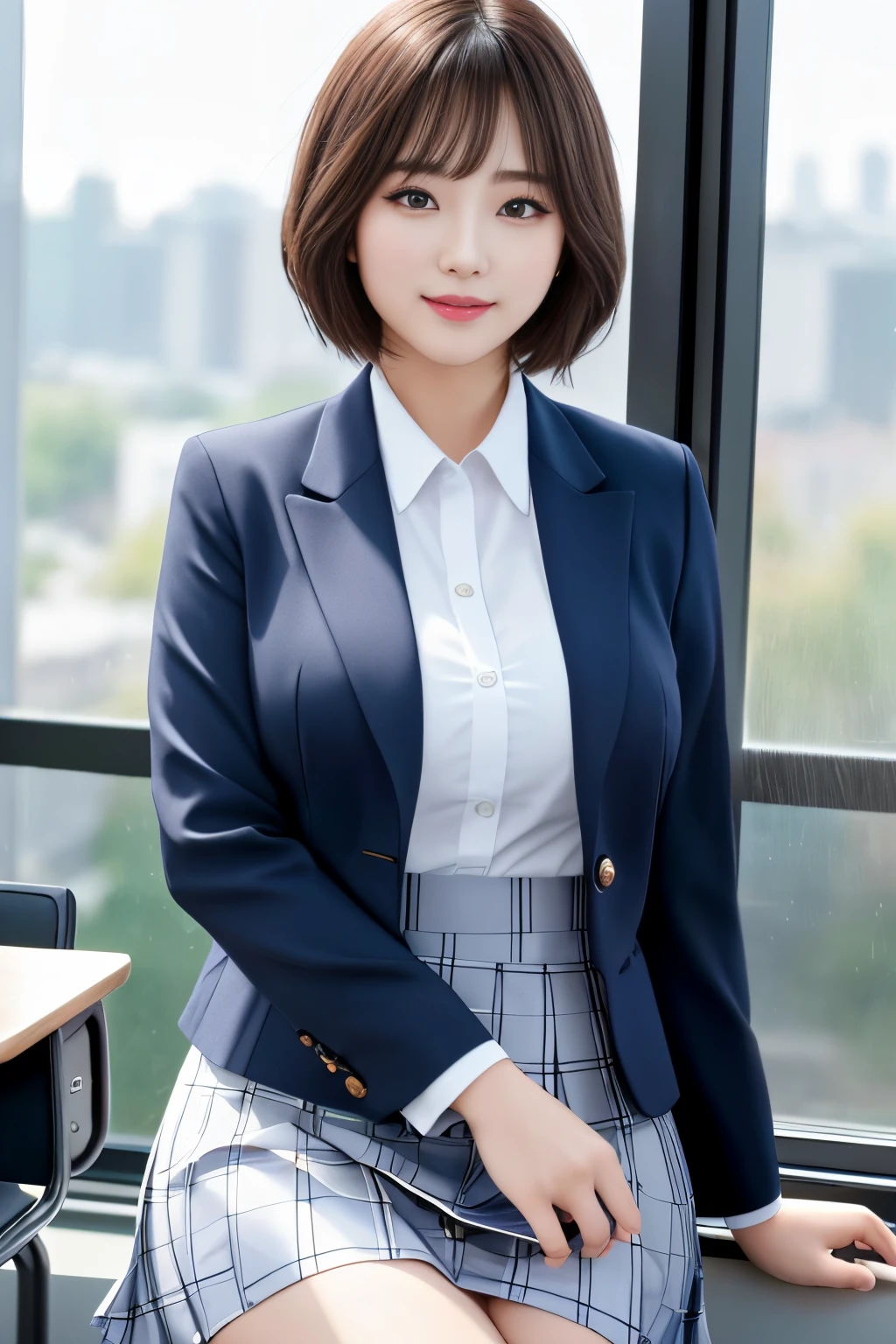 tmasterpiece,(actual), High detail CG unified 8K wallpaper, (Head office skin:1.2),8k ultra high definition, SLR camera, high high quality, ((1 plump girl, 25 age old, a skirt, ssmile, Sit near the classroom window, The figure is very thin,Medium and short hair, indoor)), 黑The eye, beautidful eyes, (dermis), Beautiful skins, Attractive, 超高分辨率, Surreal,k hd