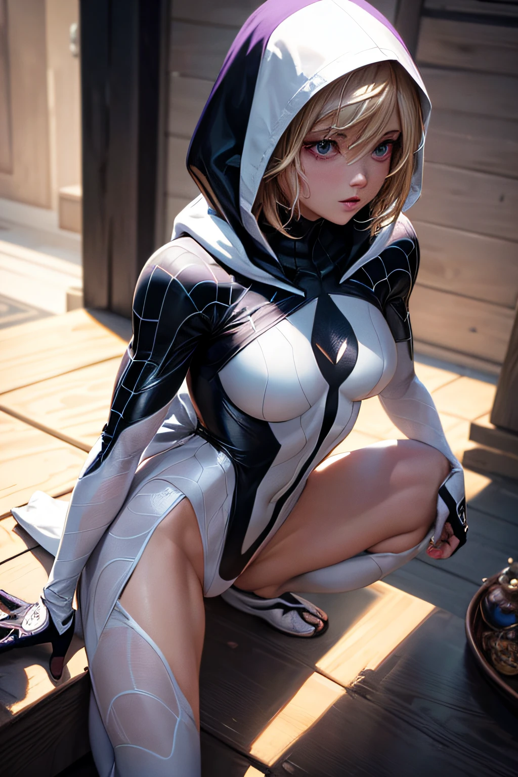 girl, short blond hair, comic accurate Spider Gwen costume, white and black costume with hood and purple web, combat stance, highly detailed, vibrant appearance, creative behavior, extremly detailed, imaginative, sensual, spontaneous, small breasts, sexi, revealing, highest quality, skin texture, intricate details, (cinematic lighting), RAW photo, 8k, masterpiece,best quality,ultra-detailed,very detailed illustrations,extremely detailed,intricate details,highres,super complex details,extremely detailed 8k cg wallpaper,