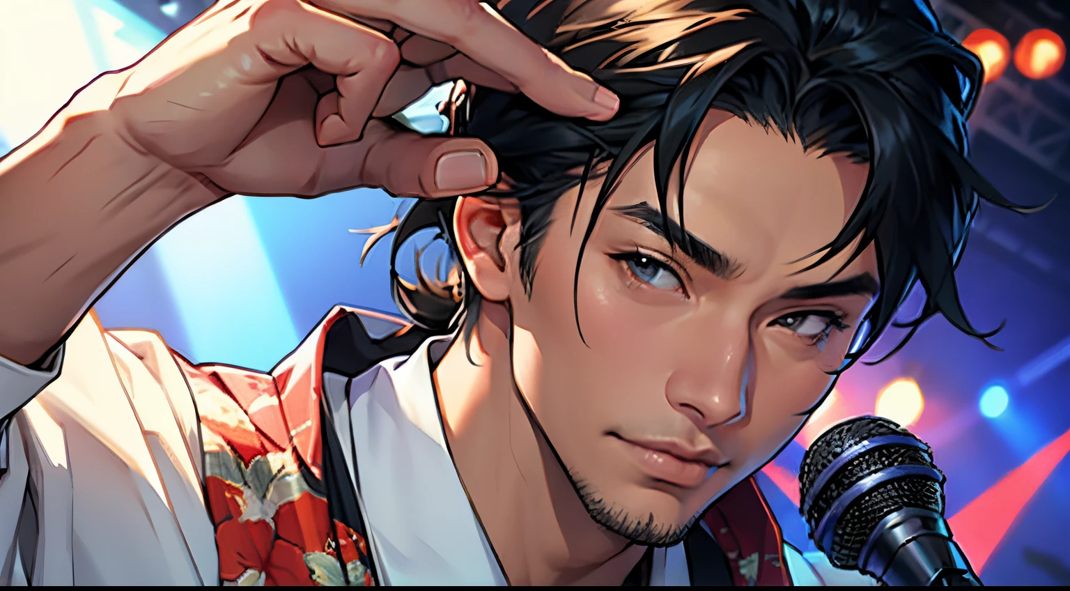 rapper with microphone、Japan Man、gentle face