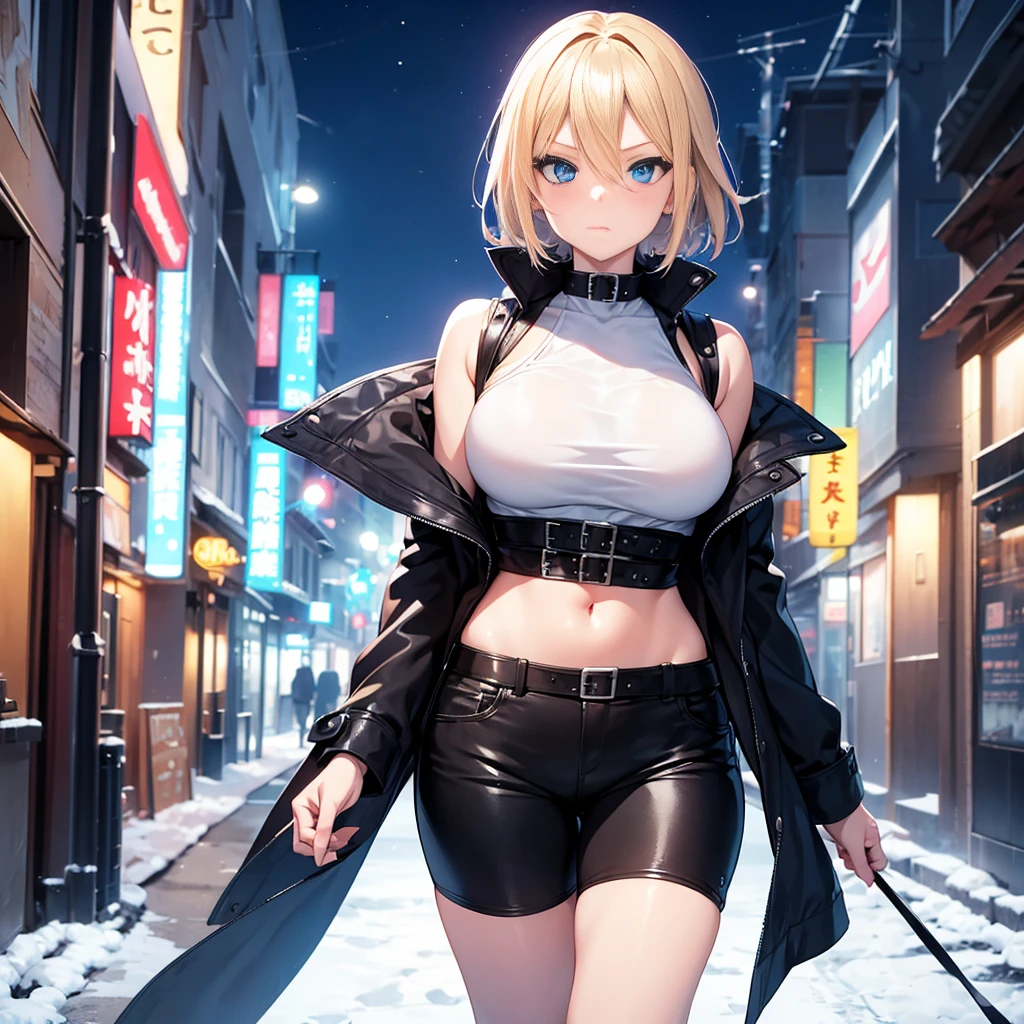 2D Anime Style、Blue eyes、breasts are slightly larger、short blond hair,A cool adult woman walking on a snowy night road with a serious expression..,Solo, Fashion that shows off your stomach,Leather shorts,long sleeve long coat