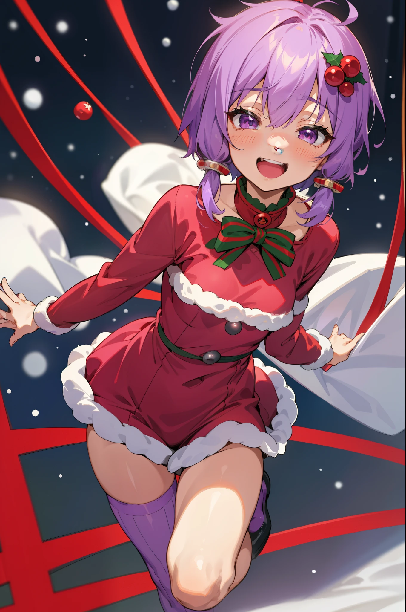 1girl in、独奏、Yuzuki Yukari、18year old、small tits、I love you look、Laugh、Dynamic Poses、Lilac hair、short-hair、(hair between eye)、A smile、Laugh、Christmas、Dressed in Santa Claus costume、Colors based on red and green