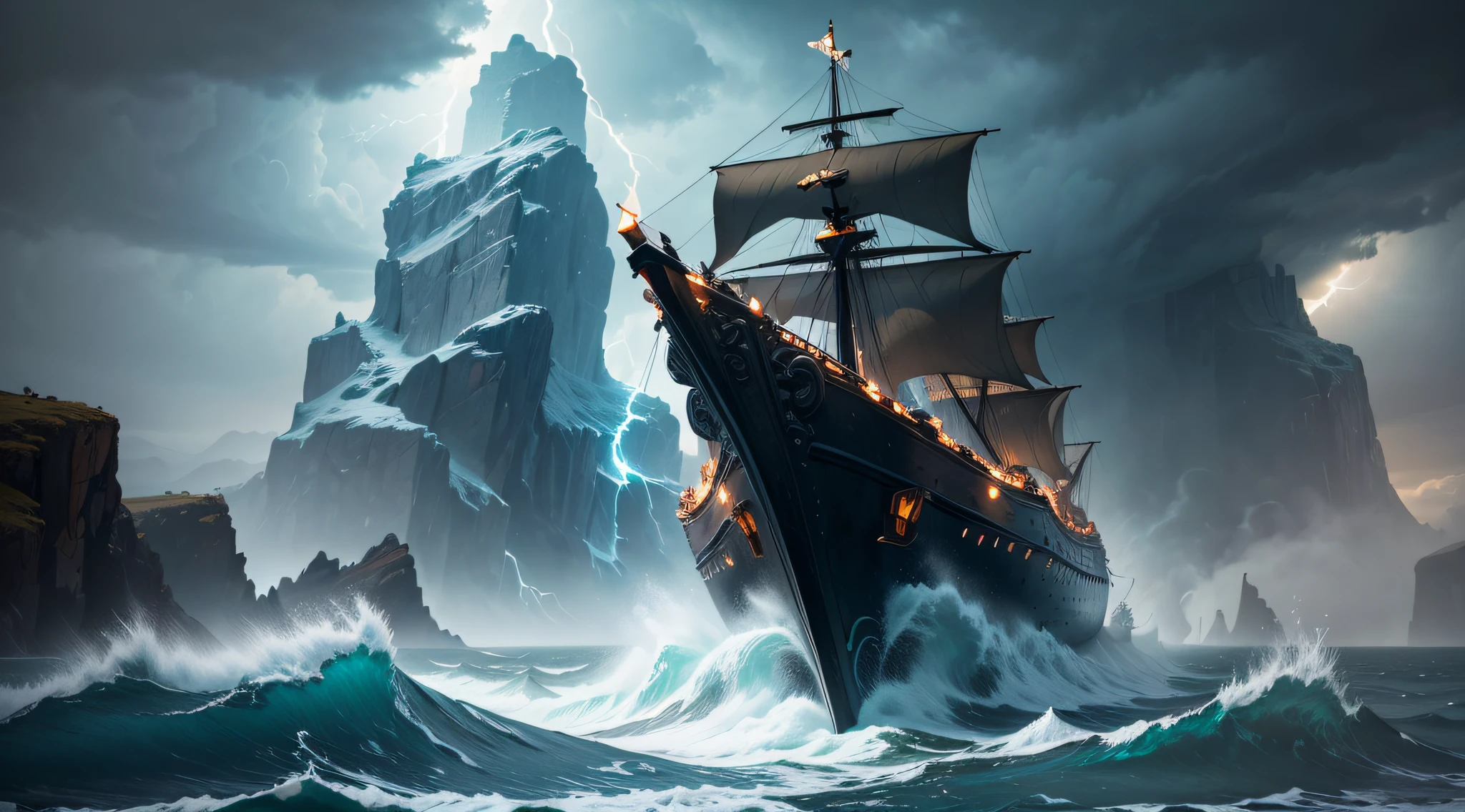 Imagine an epic scenario in which a Viking ship, resistente e majestoso, navega destemidamente por ondas gigantes durante uma tempestade violenta no vasto oceano. the sky is full of lightning, highlighting the courageous silhouettes of Viking warriors who face the forces of nature with relentless determination. Capture this moment of bravery and drama in a captivating image that conveys the strength of nature, the courage of the Viking navigators and the intensity of the sea voyage.