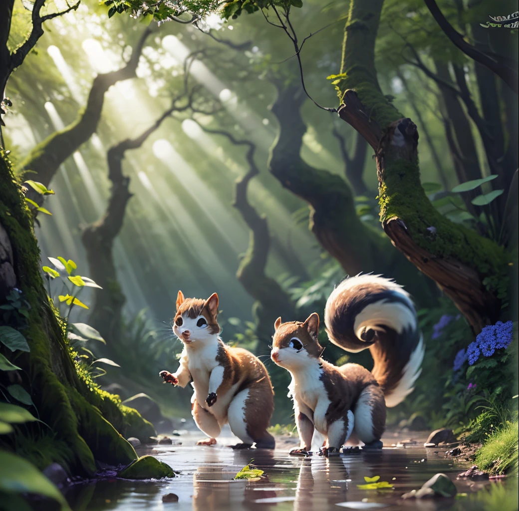 A sunbeam pierces through the canopy of a lush, verdant forest, illuminating a hidden glade bathed in soft, dappled light. Vibrant wildflowers carpet the ground, their petals swaying gently in the breeze. A crystal-clear stream meanders through the glade, its waters sparkling under the sunlight. A pair of playful squirrels scamper up the trees, their movements adding a touch of whimsy to the scene. The air is filled with the sweet melodies of birdsong, creating a symphony of nature's sounds. --auto --s2