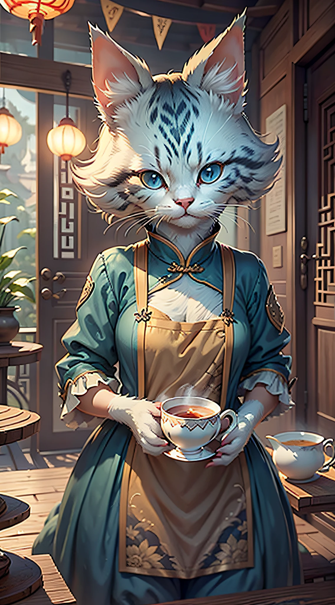 （woman in party dress）cartoon anthropomorphic toy ragdoll cat，holding a teacup，A Chinese tea table，Chinese courtyard background