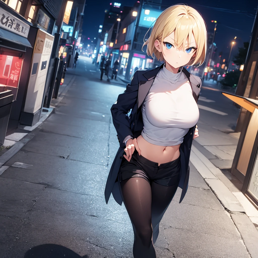 2D Anime Style、Blue eyes、breasts are slightly larger、Blonde Shorthair,A cool adult woman walking down the street at night with a serious expression..,Solo, Fashion that shows off your stomach,shortpants,long sleeve long coat