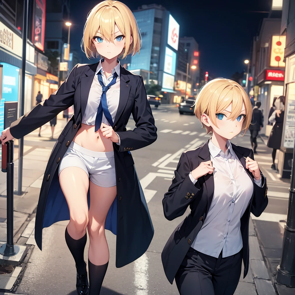2D Anime Style、Blue eyes、breasts are slightly larger、Blonde Shorthair,A cool adult woman walking down the street at night with a serious expression..,Solo, Fashion that shows off your stomach,shortpants,long sleeve long coat