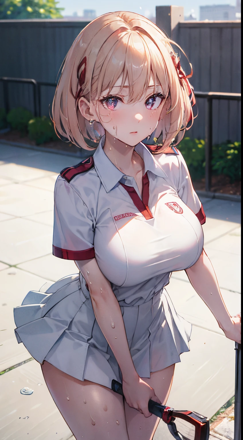 chisato, solo, white polo shirt, white sneakers, tennis wear, white miniskirt, masterpiece, best quality, realistic, hyper-detailed, (shiny skin, sweaty:1.4), absurd, looking at viewer, short white hair, purple eyes, slender, dynamic lighting, high resolution, sharp focus, depth of field, detailed eyes, sharp pupils, realistic pupils, (average breasts:1.6), (thick thighs:1.0), outdoor, sky