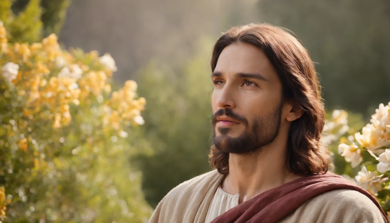 "Generate a realistic depiction of Jesus in a garden, com flores coloridas ao redor e luz suave iluminando seu rosto." high definition image, detalhamento alto e estilo fotorrealismo. Imagem com pelo menos 300 dpi, UHD 8k