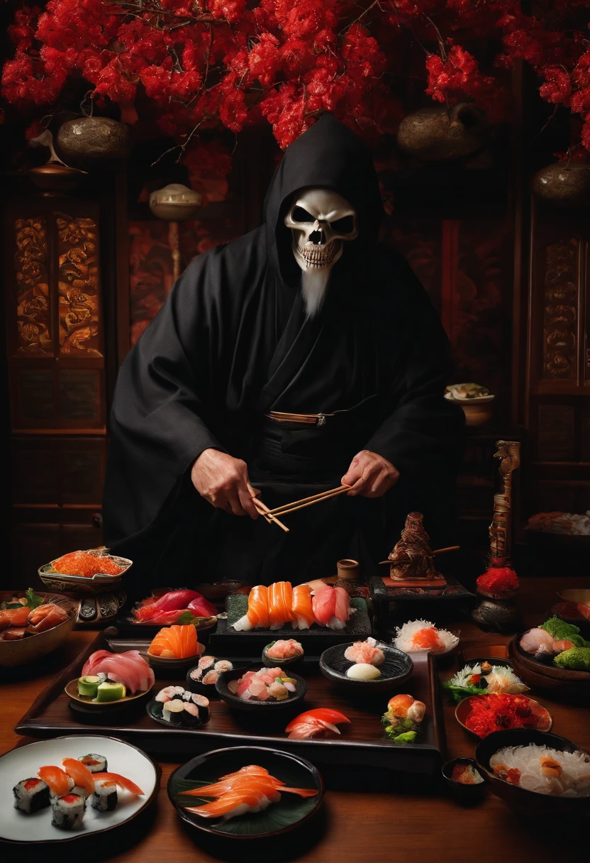 A photo of the grim reaper arranging an elaborate display of sushi on a traditional Japanese dining table,original,grim reaper