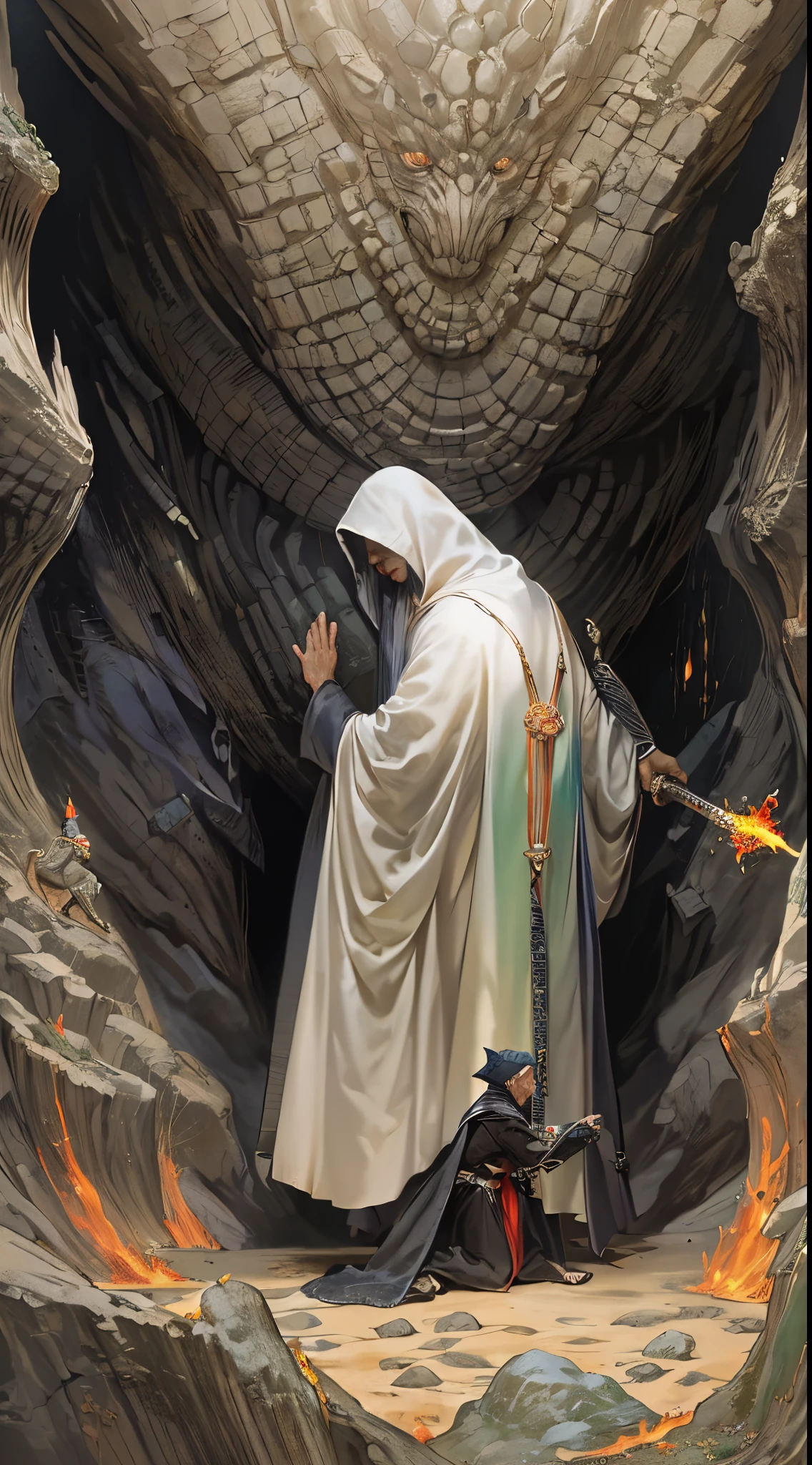 ultra detallado, beautiful and aesthetic, Beautiful, obra maestra , misterio , atmospheric , genial , sobrenatural , La mejor calidad , cueva , 1 hombre , 1 demonic monster , monstruo muy grande , Hombre matando monstruo , The man has a long black hooded robe , He can use magic , El monstruo tiene un cuerno muy grande , Monstruo respira hacer fuego , El hombre tiene una gran espada brillante , fantasy sword , 4 Little monster around the big monster , Magma alrededor del campo de batalla , The battlefield is in Cavern , Toda la cuevaa en llamas , La espada del hombre brilla , Acantilado de mayo y roca en Caverna , Caverna en llamas , (Caverna ultra detallada) , (Magma ultra detallado) , (Cara de hombre ultra detallada) , (Espada ultra detallada) , (Monstruo ultra detallado)