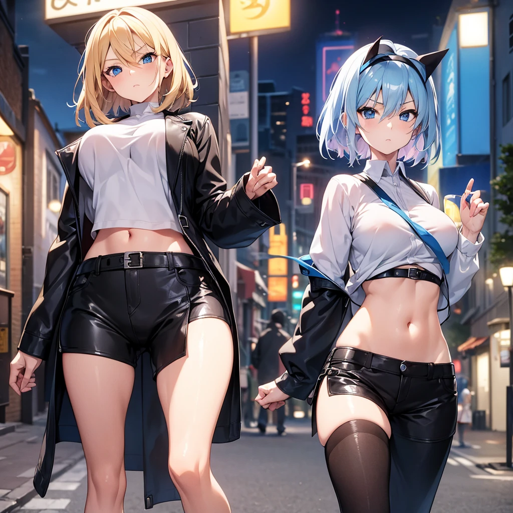 2D Anime Style、Blue eyes、breasts are slightly larger、short blond hair,A cool adult woman walking on a summer night road with a serious expression..,Solo, Fashion that shows off your stomach,Leather shorts,long sleeve long coat,The streets are European
