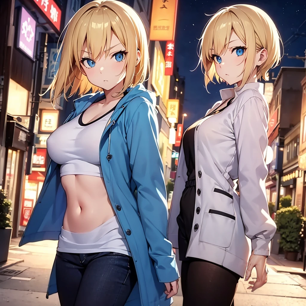 2D Anime Style、Blue eyes、breasts are slightly larger、Blonde Shorthair,A cool adult woman walking down the street at night with a serious expression..,Solo, Casual fashion that shows off your stomach,shortpants,long sleeve long coat