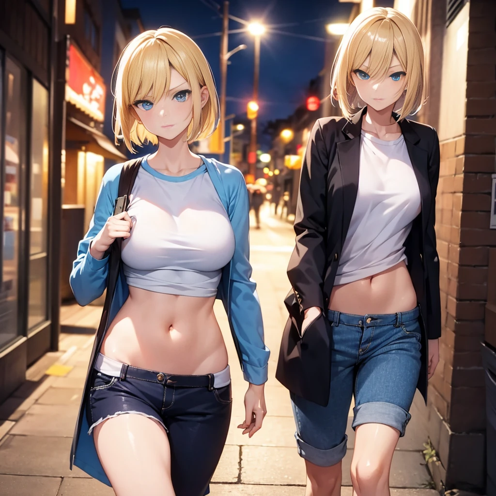 best qualityer, high resolution, e18, 1 girl, android 18, standing alone, hair blonde, blue colored eyes, shorth hair, aretes, jewerly, Jeans dress, open vest, black pantyhose, black jersey, denim skirt, striped long sleeves, blue skirt, medium breasts, cowboy shot, Street,  (Externally expanded chest:1.2), (strapless:1.2), Off The Shoulder,