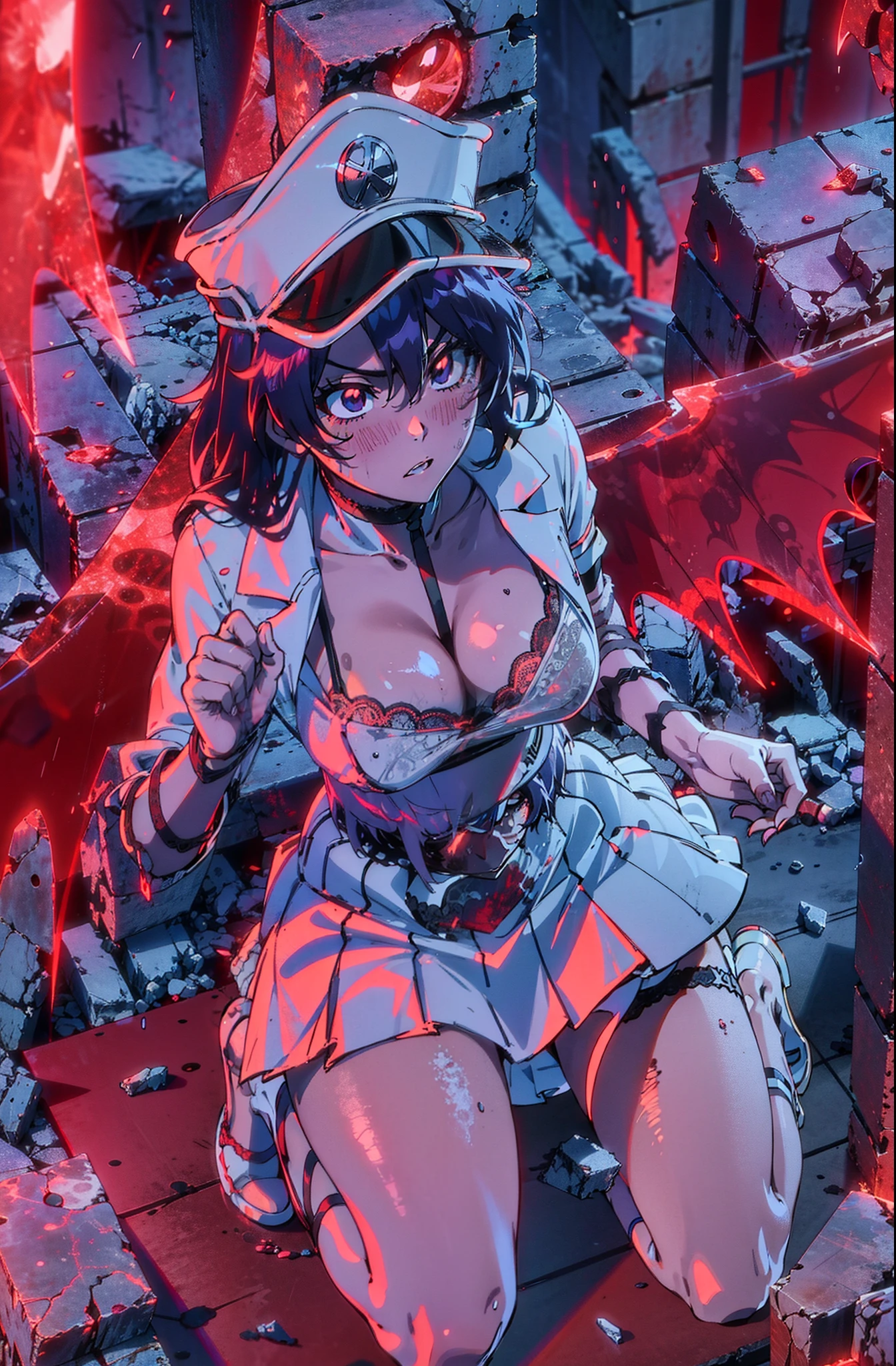 bambietta, flying, (burned ruined city:1.2), (blush:1.2), parted lips, kneels on ground, raining, blood on breasts, red eyes, hat, white military form, short white pleated skirt, upskirt, black lace panties, medium breasts, masterpiece, detailed, intricate details, belt,(black lace bra:1.2), from above, red glowing wings, anime eyes, dark purple eyes