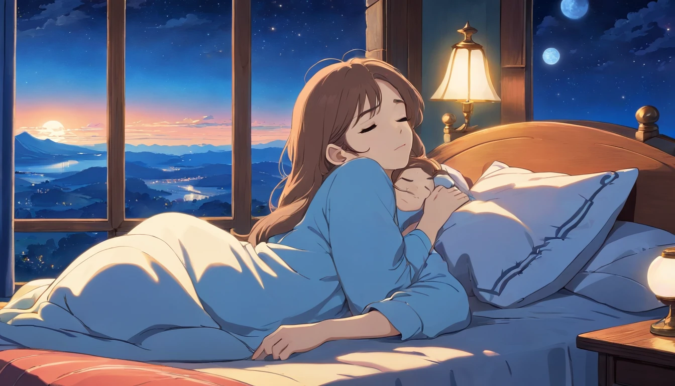 beautiful woman sleeping on a pillow ,window with beautiful landscape, night sky, star, full moon.