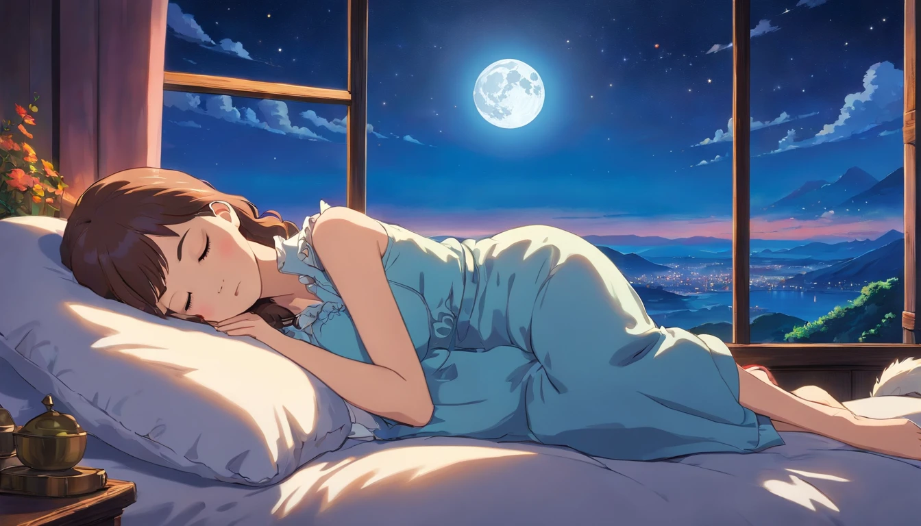 (Highest quality),Beautiful woman sleeping on a pillow ,a working woman,Night Sky, star, full moon