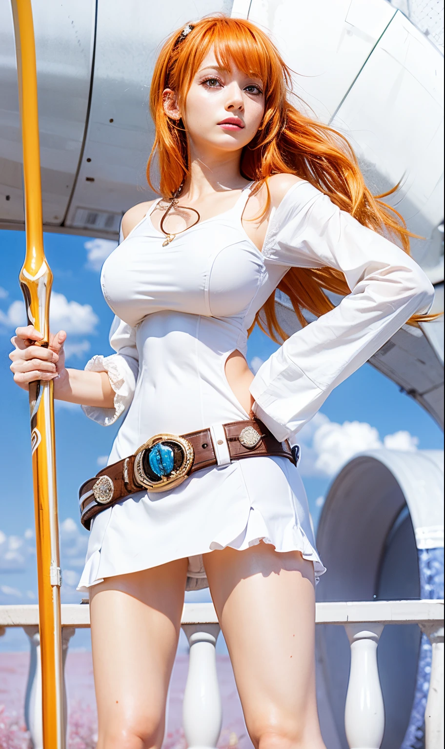 nami one piece, white dress, orange hair, realistic