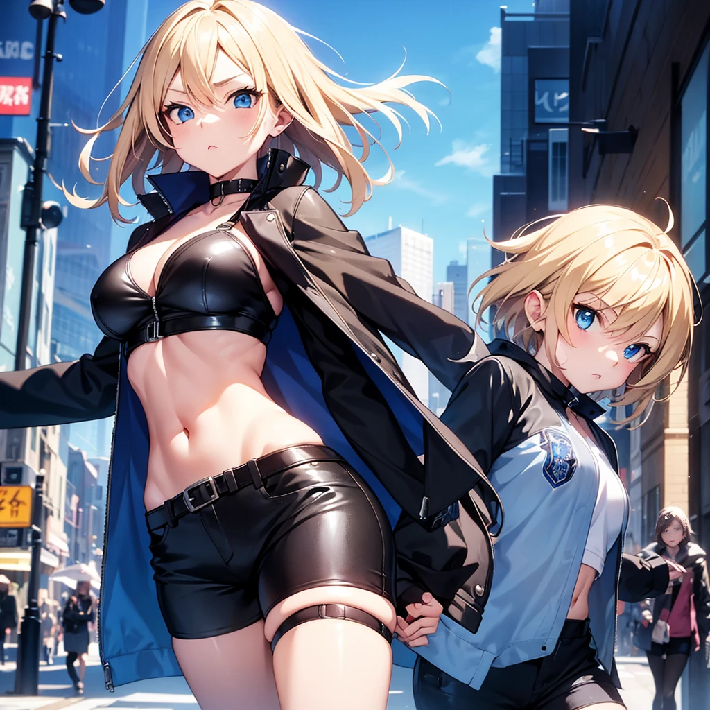 2D Anime Style、Blue eyes、breasts are slightly larger、short blond hair,serious facial expression,Solo,cool adult woman walking,Fashion that shows off your stomach,Leather shorts,long sleeve long coat,The cityscape is European-style
