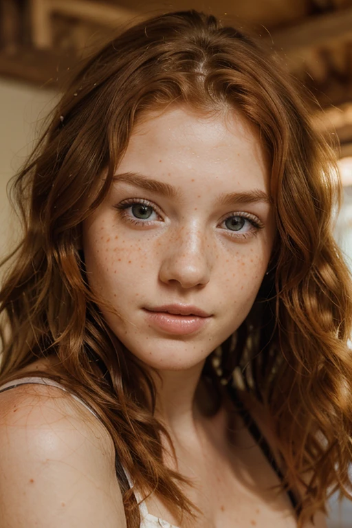 redhead with freckles, cute girl with some minor facial defects and an innocent look, looking outside the window, realistic,soft natural light,iridescent colors, slightly tousled hair, faint smile, red curly hair flowing in the wind, dainty freckles sprinkled across her nose, subtle imperfections adding to her charm, playful expression in her eyes, innocent and curious look, delicate features and soft complexion,creating a sense of warmth and tenderness,