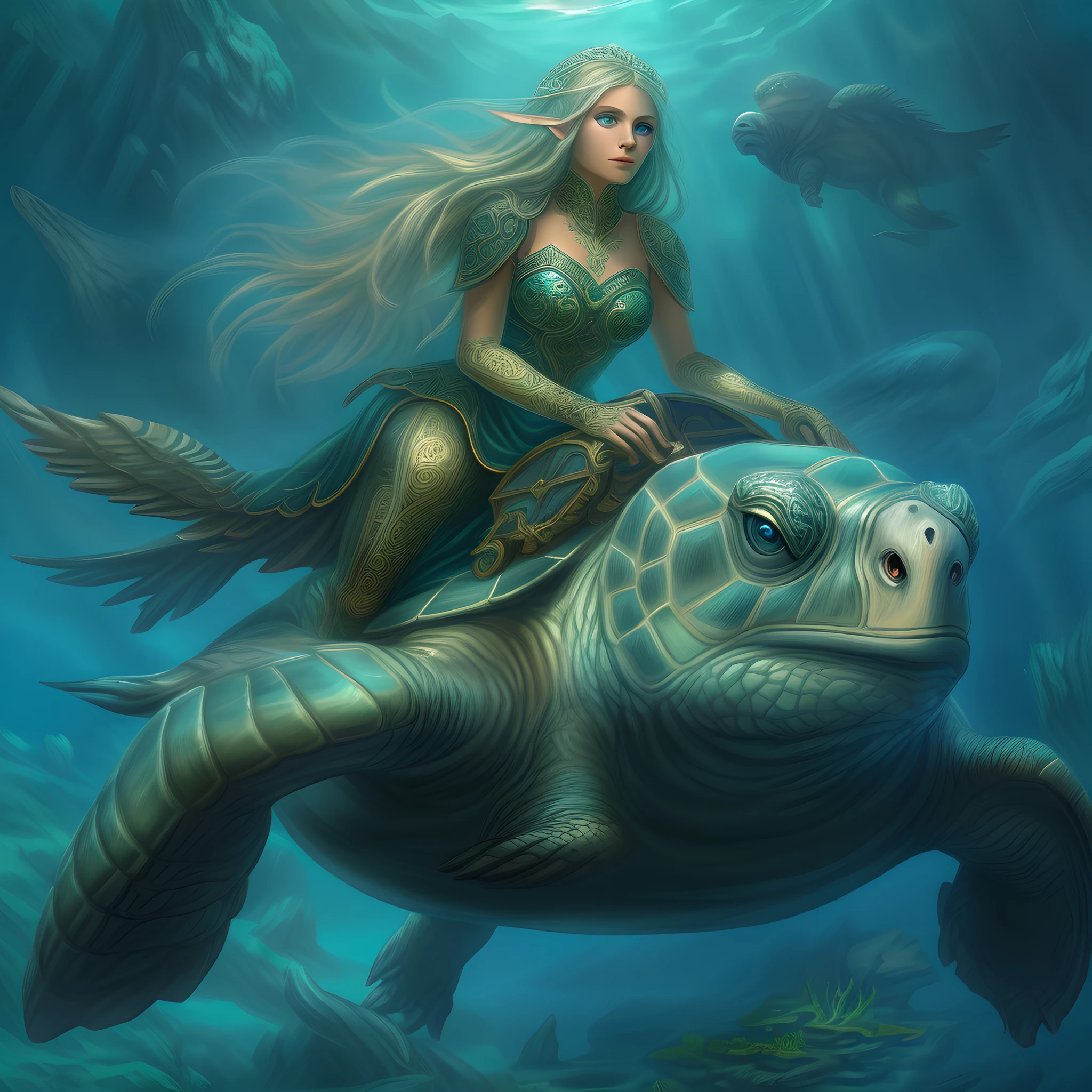 fantasy art, RPG art, a picture of a water elf ranger riding her sea turtle mount under the sea, an exquisite beautiful female elf ultra feminine, druid, cleric of sea, (intricate details, fantasy art, Masterpiece, best quality: 1.4) with a long curvy hair, light green hair, blue eyes, (fantasy art, Masterpiece, best quality), ((beautiful delicate face)), Ultra Detailed Face (intricate details, fantasy art, Masterpiece, best quality: 1.4) she rides an epic sized turtle (intricate details, fantasy art, Masterpiece, best quality: 1.4) underwater background, fantasy sea, underwater light, [[natural sea life elements]], sun rays, dynamic atmosphere, soft light, dynamic light, high details, best quality, 16k, [ultra detailed], masterpiece, best quality, (extremely detailed), ultra wide angle)