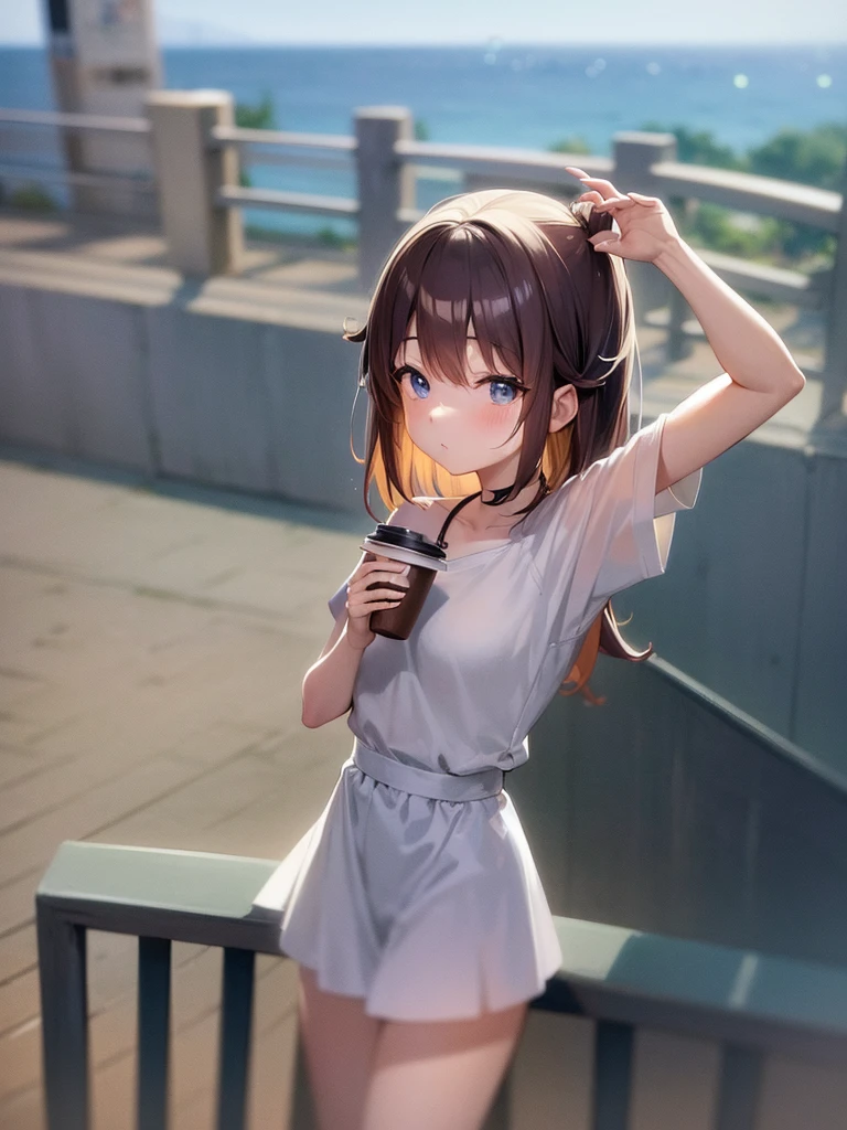 anime girl with a cup of coffee in her hand standing on a ledge, anime visual of a cute girl, anime art wallpaper 8 k, anime art wallpaper 4 k, anime art wallpaper 4k, 4k anime wallpaper, anime wallpaper 4k, anime wallpaper 4 k, anime girl desktop background, anime style 4 k, 4 k manga wallpaper