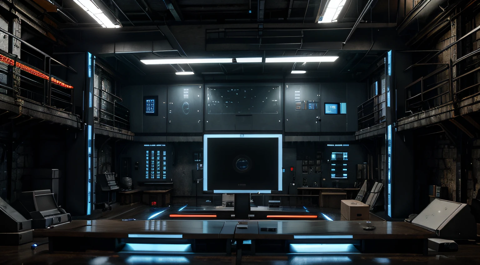 futuristic high tech lab located in an abondoned warehouse, electronic gadgets, advanced computer systems, robotic arms, lights flashing, large computer screens and monitors