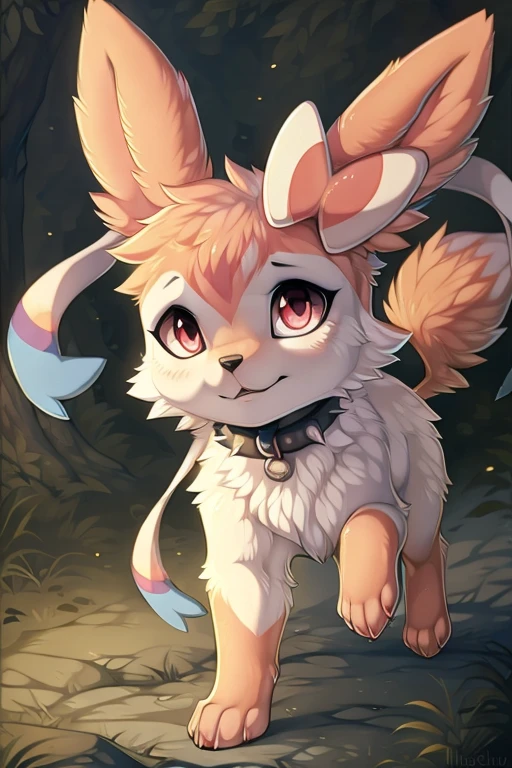 [by Hioshiru],furry, Feral, Pokemon, Long fluffy hair, Sylveon with white and pink fur, Pink eyes, Shy, canine paws, paws for hands, short height, shortstack, crawling, heavy,spiked black collar, walkies, perk