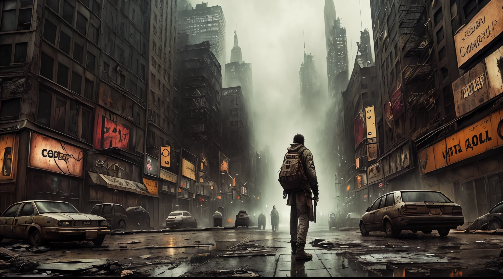 person wearing tattered clothes in the midst of a post-apocalyptic scenery New York city, dark fantasy, very detailed, a post apocalyptic cityscape, muted colors, hyperrealism, fog, dark atmosphere, hdr, rainy, intricate details, fallout style