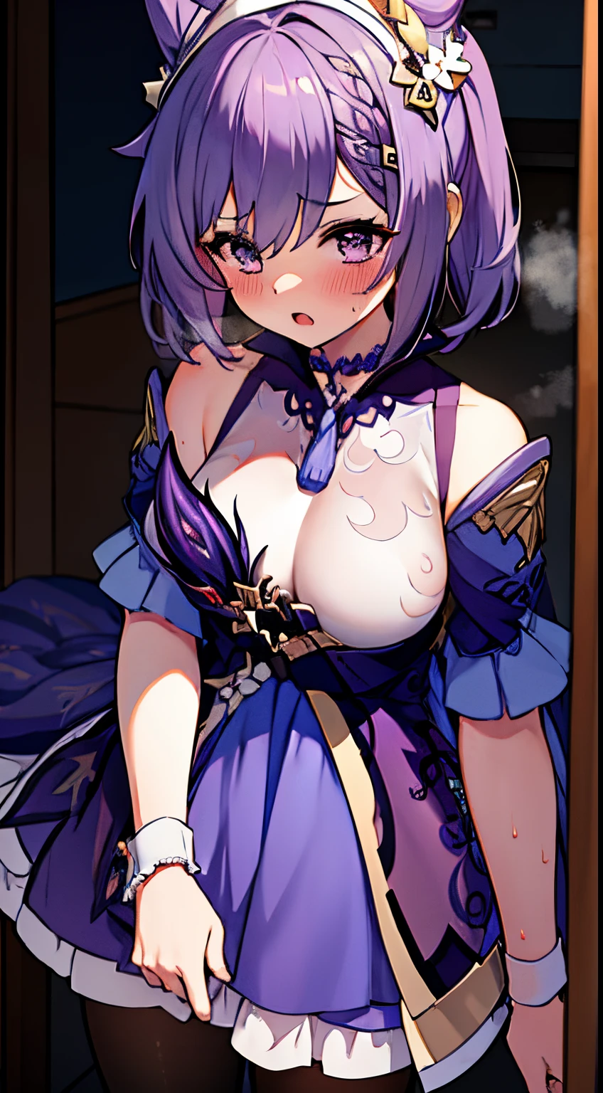 masterpiece, best quality, high resolution, extremely detailed, detailed background, cinematic lighting, dynamic angle, hoshizuki kaede, 1girl, purple hair, solo, breasts, looking at viewer, short hair, open mouth, blue eyes, cleavage, medium breasts, short sleeves, frills, choker, puffy sleeves, black thighhighs, puffy short sleeves, zettai ryouiki, wrist cuffs, maid, maid headdress, white apron, maid apron,  sweat, blush, embarrassed , heavy breathing , steaming body, aroused, nsfw