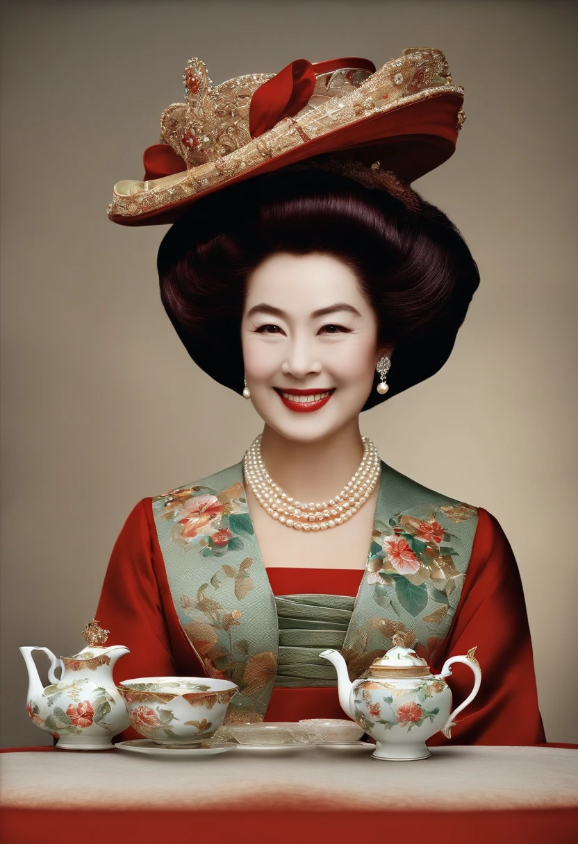 A photo of a beautifully crafted traditional Japanese tea set,Queen Elizabeth II,Queen Elizabeth II, known for her dignified and composed demeanor, typically appears in elegant, color-coordinated outfits, often accompanied by a matching hat and pearls, embodying the traditional and refined style befitting a monarch. Her appearance is marked by her signature hairstyle, kept consistent throughout her reign, and a warm, yet reserved smile that reflects her steady and composed nature.