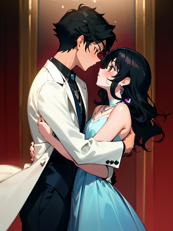 absurd res, high res, (masterpiece:1.4) side profile, accurate anatomy, 1 girl 1 male, male and girl kiss, girl wearing blue dress, short black hair wavy, girl ruby heart necklace, short girl, boy black hair, boy wearing white suit, boy brown eyes, boy hugging girl, tall male, muscle male, boy pale skin, girl pale skin, royalty, romantic