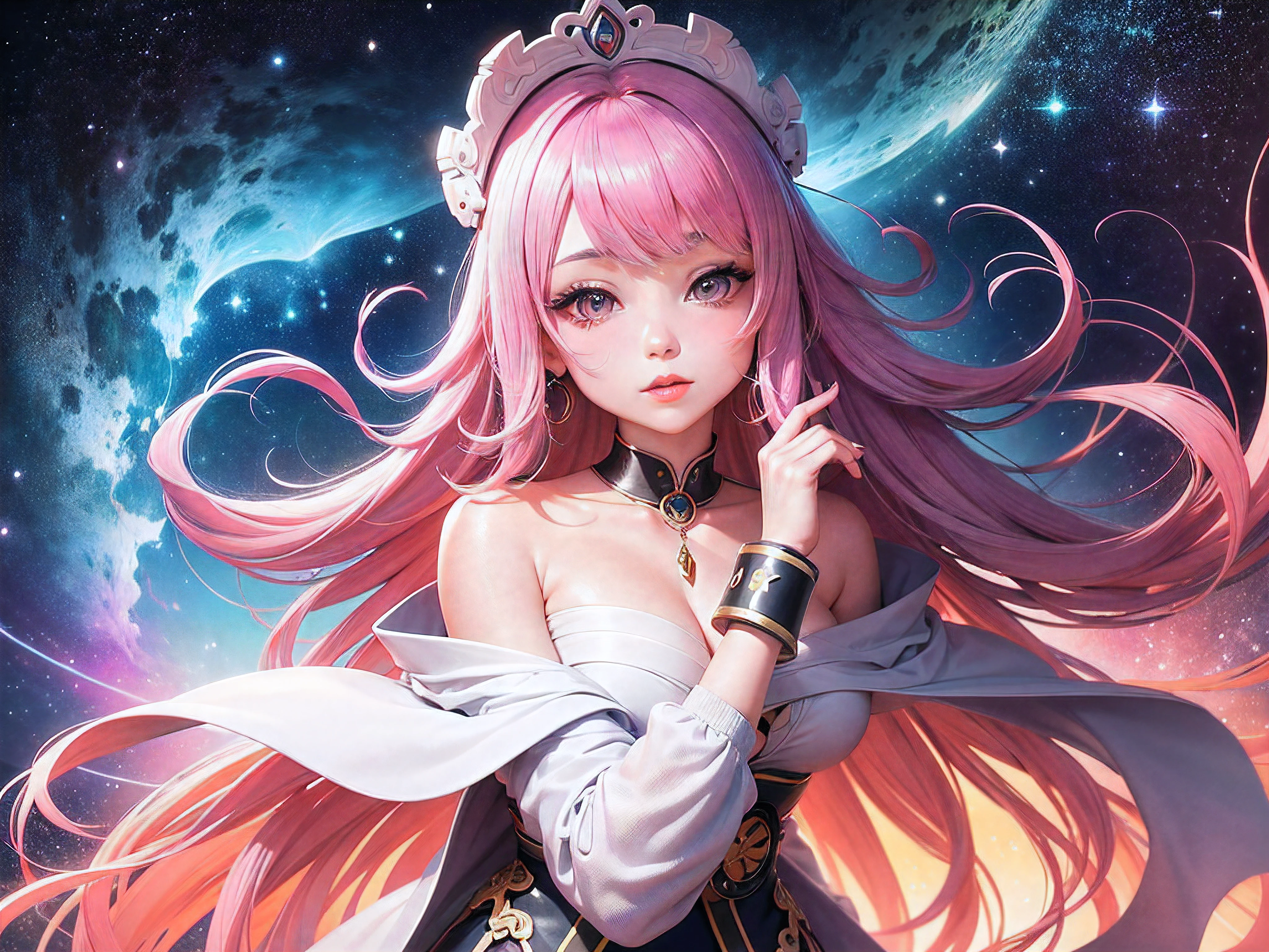Primer plano de una mujer con cabello y collar coloridos, anime girl with cosmic hair, La suave vitalidad de Rossdraws, Ilustraciones de estilo Gouviz, Fantasy art style, De color], vibrant fantasy style, Rossets, Cartoons full of energy, cosmic and colorful, Guweiz, Colorful Digital Fantasy Art, stunning art style, Hermoso estilo anime, piel blanca, abrigo de noche, hands behind head, ojos detallados, quality image, cuerpo detallado, cuerpo con anaatomia realista, pose realiasta, brazos detallados, piernas detallada, dedeos detallados, calidad 4k, calidad8k, background cosmico