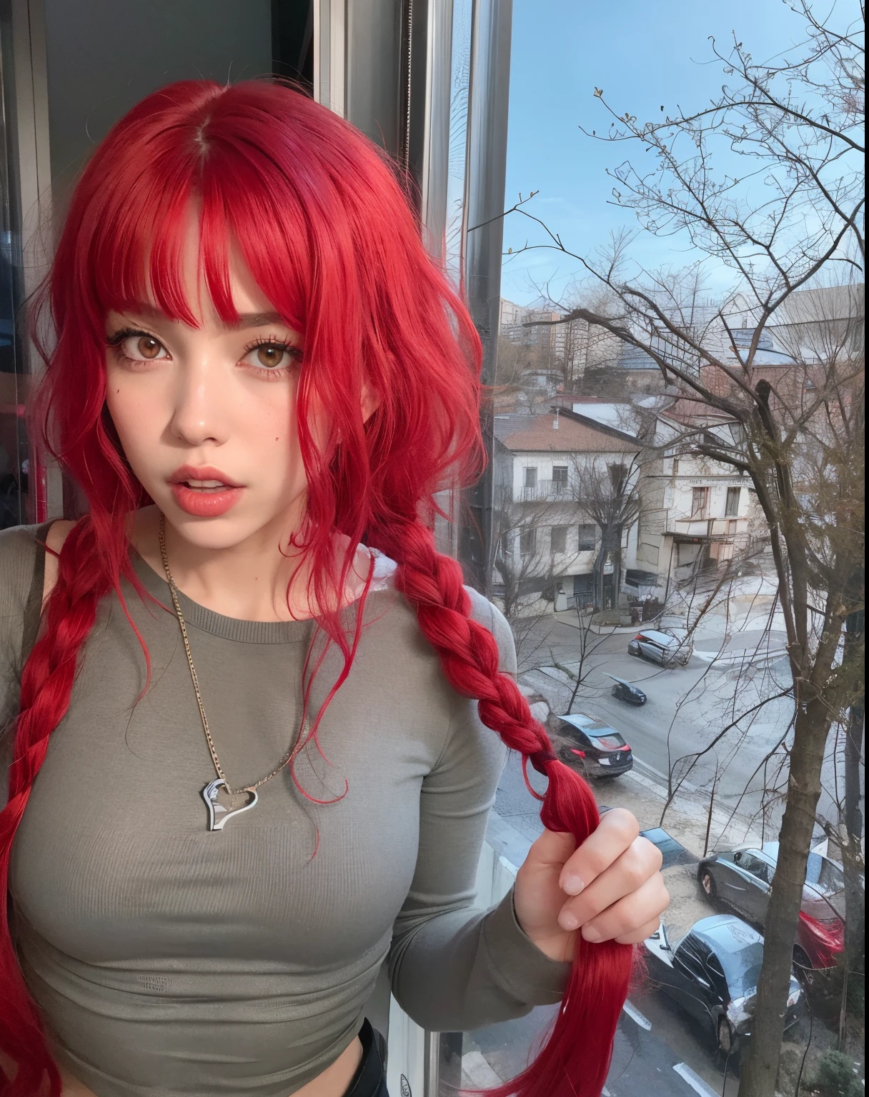 Mujer arafed con cabello rojo y una blusa gris parada frente a una ventana., con el pelo rojo, red tinted hair, crimson red hair and red eyes, cabello rojo brillante, con el pelo largo y rojo, con cabello rosado, Pelo rojo, peluca roja, Ella tiene el pelo rojo, 1 7 - year - old goth girl, con cabello rojo rizado, Cabello trenzado rojo